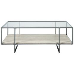 48 Inches Glass Top Cocktail Table with Stone Shelf, Clear and Chrome