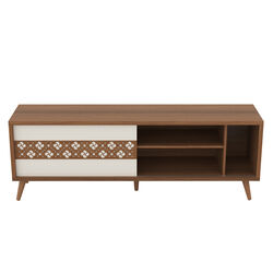 63 Inch Door Wooden Entertainment TV Stand with 3 Open Compartments, Brown