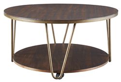 Round Wooden Cocktail Table with 1 Open Shelf and Casters, Brown and Brass