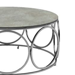 Round Glass Top Coffee Table with Circular Lattice Metal Body, Silver
