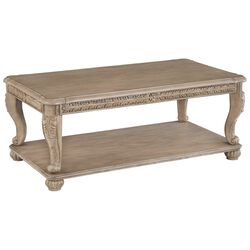 Wooden Rectangular Coffee Table with Engravings and Bottom Shelf, Brown