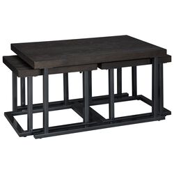 3 Piece Wooden Coffee Table Set with 2 Stools, Brown and Black