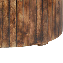 34 Inch Handmade Wooden Round Coffee Table with Plank Design, Burned Brown