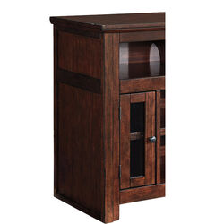 Wooden TV Stand with Two Glass Inserted Door Cabinets and Open Shelves, Brown