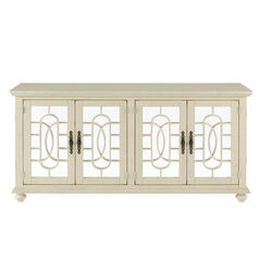 Trellis Front Wood and Glass TV stand with Cabinet Storage, Beige