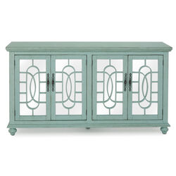 Trellis Front Wood and Glass TV stand with Cabinet Storage, Mint Green