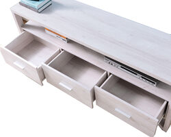 3 Drawer Wooden TV Stand with Open Shelf and V shape Block Legs, White