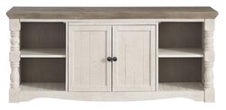67 Inch 2 Door Wooden TV Stand with 4 Side Compartments, Brown and White