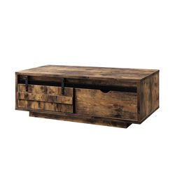 Sliding Barn Door Wooden Coffee Table with Rough Hewn Saw Texture, Brown