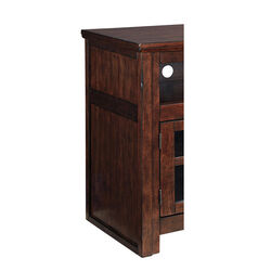 Wooden TV Stand with Two Glass Inserted Door Cabinets and Open Shelves, Large, Brown