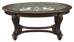 Traditional Wooden Oval Cocktail Table with Glass Top and Bun Feet, Brown