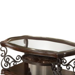 Tempered Glass Top Wooden Coffee Table with Ornate Metal Scrollwork, Brown