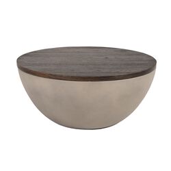 Round Metal Body Coffee Table with Wooden Tabletop, Gray and Brown