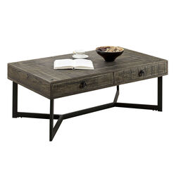 Wire Brushed Design Wooden Coffee Table with 2 Drawers, Gray and Black