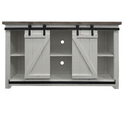 69 Inch Wooden Media Console with Barn Style Sliding Door, Brown and White
