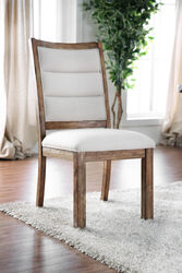 Linen Like Fabric Upholstered Solid Wood Side Chair In Rustic Style, White and Brown, Pack of Two