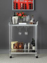 Metal Serving Cart with Acrylic Leg Support and Casters, Silver and Clear