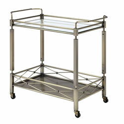 Two Tiered Metal Serving Cart with Glass Shelves and Side Rails, Antique Gold