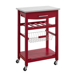 Contemporary Kitchen Island with Stainless Steel Top and Casters, Red
