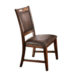 Leatherette Wooden Side Chair with Nailhead Trims, Set of 2, Brown