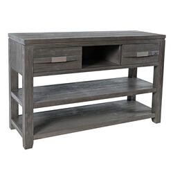 Wooden Sofa Table with 3 Open Compartments and 2 Sliding Doors, Light Gray 