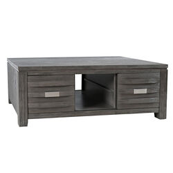 Wooden Cocktail Table with 3 Open Compartments and 2 Sliding Doors, Gray