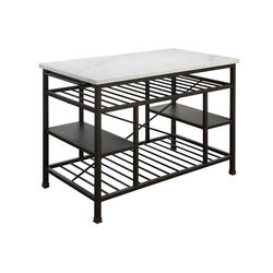 Marble Top Metal Kitchen Island with 2 Slated Shelves, Brown and White