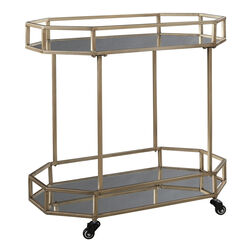 Octagonal Metal Bar Cart with Mirrored Top and Bottom, Silver and Gold