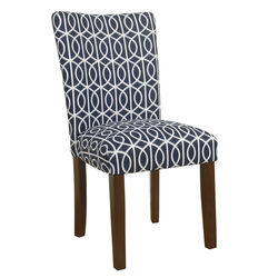 Trellis Patterned Fabric Upholstered Parsons Chair with Wooden Legs, Blue and White, Set of Two