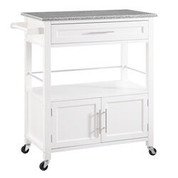 Spacious Wooden Kitchen Cart with Granite Inlaid Top, White and Gray