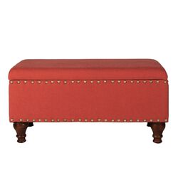 Fabric Upholstered Wooden Storage Bench With Nail head Trim, Large, Orange and Brown