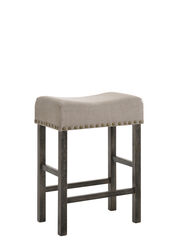Wooden Counter Height Stool with Linen Upholstered Saddle Seat, Set of 2, Beige and Gray