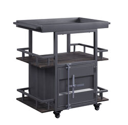Metal Serving Cart with 1 Door Storage and 2 Tray Shaped Shelves, Gray