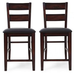Wooden Leatherette Seat Counter Chair with Cut Out Back, Set of 2, Brown