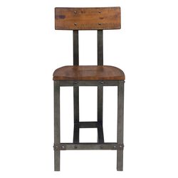 Wooden Counter Height Chair with Metal Block Legs and Curved Back, Brown