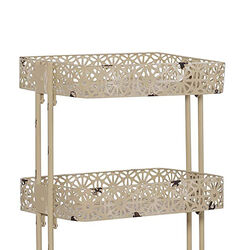 3 Tier Spacious Metal Cart with Pierced Floral Design, Cream