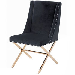 Fabric Upholstered Dining Chair with Nailhead Trims, Black and Gold