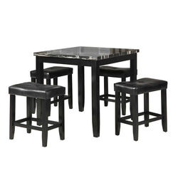 5 Piece Counter Height Dining Set with Faux Marble Tabletop, Black