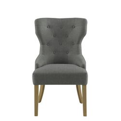 Polyester Upholstered Wooden Dining Chair with Button Tufted Wing Back, Gray and Brown