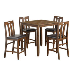 Square Counter Height Table with Slatted Faux leather Chairs,Set of 5,Brown