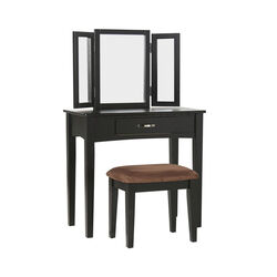 Wooden Vanity Set with 3 Sided Mirror and Padded Stool, Black