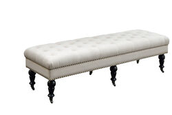 62 Inch Button Tufted Bed Bench with Caster Wheels, Black and Beige