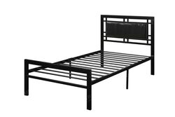 Metal Frame Full Bed With Leather Upholstered Headboard, Black