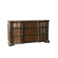 Traditional 9 Drawer Wooden Dresser with Marble Top, Brown
