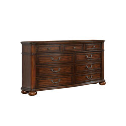 Traditional 9 Drawer Wooden Dresser with Bun Feet Support, Brown