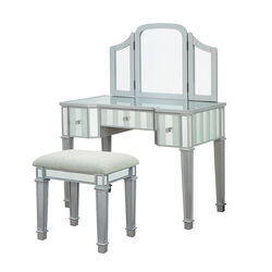 Wooden Frame Vanity Set with Stool and Mirror Panel Inserts, Silver