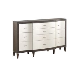 Transitional Style Dresser with Bulged Front Drawer Panel, Silver and Brown