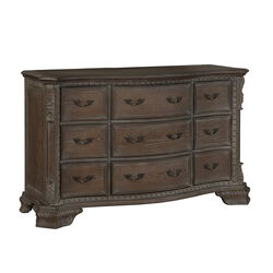 9 Drawers Wooden Dresser with Engraved Details and Bracket Feet, Brown
