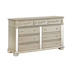 9 Drawers Dresser with Ornate Carving and Bun Feet Support, Silver