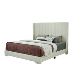 Vertical Stitched Woven Leatherette Wooden Frame Queen Bed, White